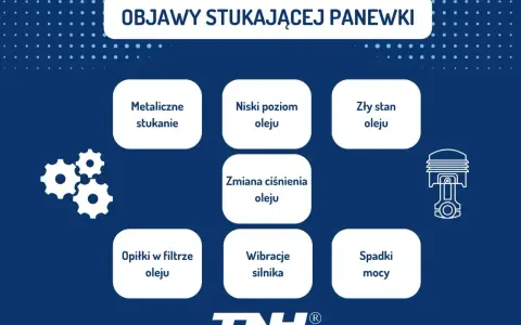 Grafika przedstawia objawy stukającej panewki: metaliczne stukanie, niski poziom oleju, zły stan oleju, zmiana ciśnienia oleju, opiłki w filtrze oleju, wibracje silnika, spadki mocy.