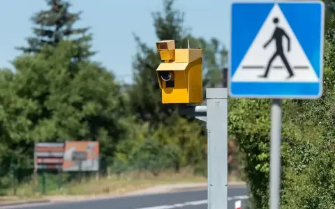 Żółty fotoradar i znak przejścia dla pieszych. Uważaj na przekroczenie prędkości o 30 w terenie zabudowanym, bo możesz dostać mandat.
