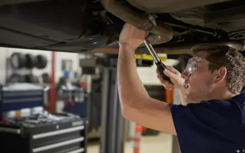 Mechanik naprawia układ wydechowy Renault, być może z powodu błędu DTC P0420.