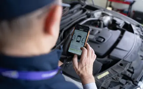 Mechanik sprawdza DTC BMW na smartfonie, analizując dane z silnika.