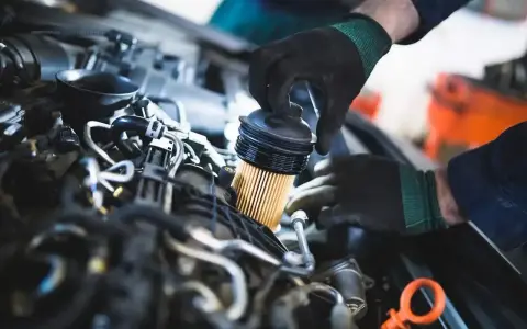 Mechanik w czarnych rękawiczkach dokonuje wymiany filtra paliwa w silniku samochodu.