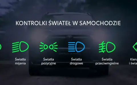 Ikony kontrolek świateł w samochodzie: dzienne, mijania, pozycyjne, drogowe, przeciwmgielne, kierunkowskazy i awaryjne.