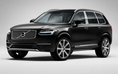 Elegancki czarny Volvo XC90 na tle jasnego tła. Sprawdź aktualną volvo xc90 cena i wyposażenie.