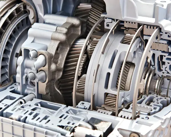 Przekładnia automatyczna w przekroju, ukazująca złożony mechanizm zębatek i elementów hydraulicznych.