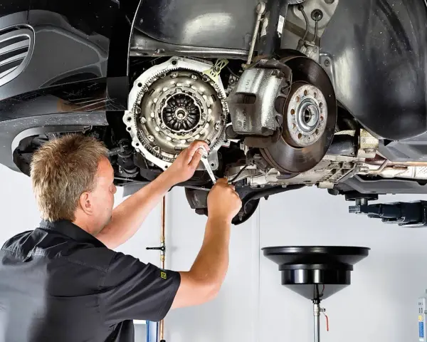 Mechanik pracuje przy skrzyni biegów, gdzie widoczny jest element dwumasy.