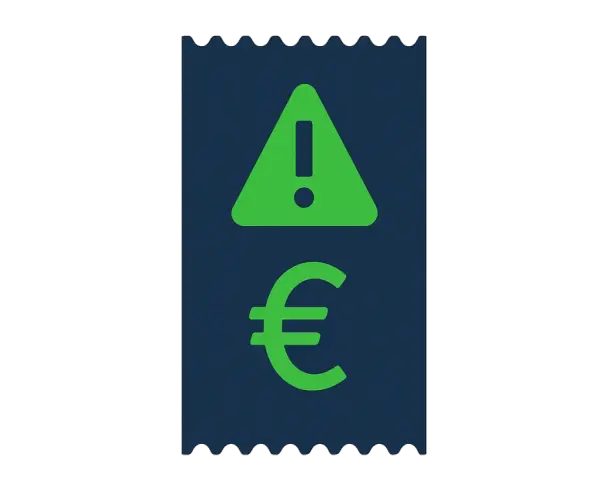 Niebieski paragon z zielonym symbolem ostrzeżenia i symbolem euro. Może to oznaczać problem z płatnością lub nieoczekiwany koszt.