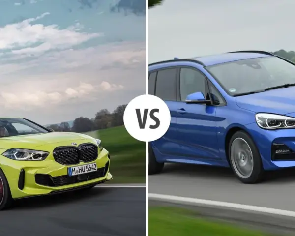 Dwa samochody BMW: żółty hatchback Serii 1 i niebieski Active Tourer, z napisem VS pośrodku.