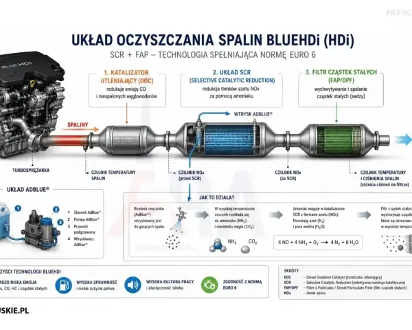 Schemat układu oczyszczania spalin BlueHDi dla silnika 1.9 tdi. Pokazuje turbosprężarkę, katalizator DOC, układ SCR z wtryskiem AdBlue i filtr FAP/DPF.