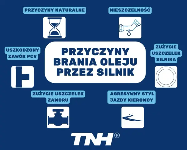 Grafika przedstawia przyczyny brania oleju przez silnik: zużycie uszczelek, nieszczelność, uszkodzony zawór PCV, agresywny styl jazdy i naturalne zużycie.