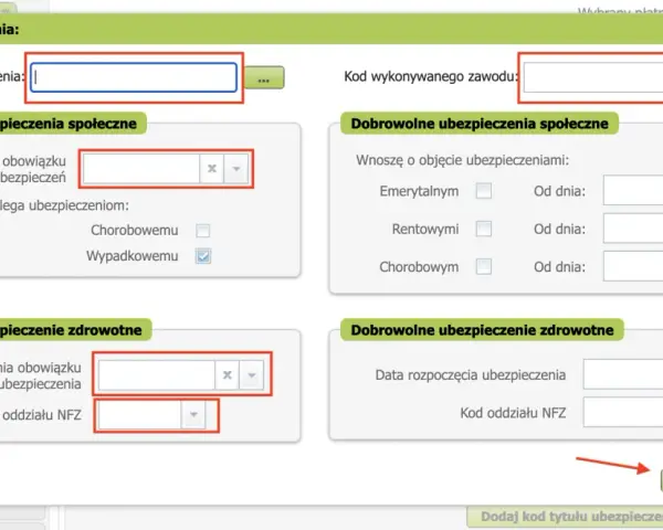 Formularz ubezpieczeniowy, pole "Kod tytułu ubezpieczenia" puste, sugeruje błąd DTC U0140 Opel.