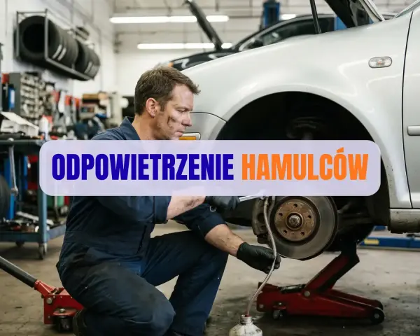 Mechanik w warsztacie wykonuje odpowietrzanie hamulców w samochodzie, dbając o bezpieczeństwo jazdy.