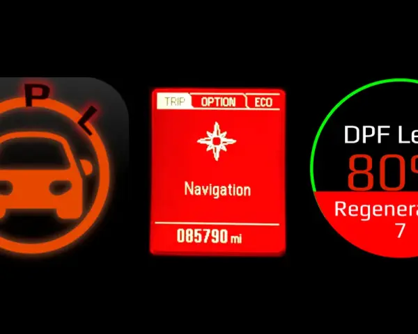 Kontrolki Opla: kontrolka silnika, nawigacja, przebieg 85790 mil, DPF Level 80%, Regeneration 7. Pomoc z op-com opel po polsku.