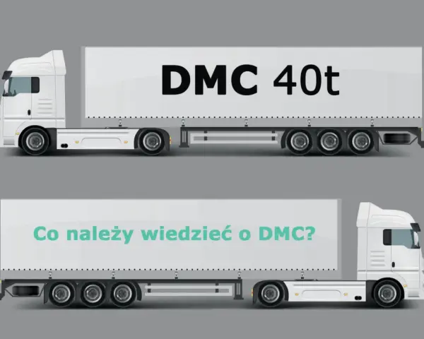 Dwa białe samochody ciężarowe. Górny ma napis "DMC 40t", dolny "Co należy wiedzieć o DMC?".