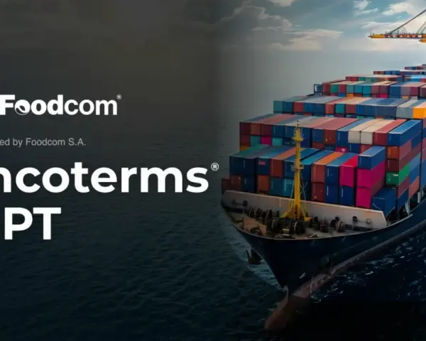 Kontenerowiec z kolorowymi kontenerami, logo Foodcom i tekst "Incoterms CPT".