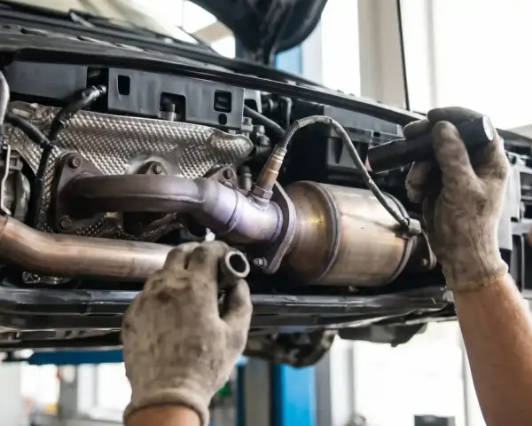 Mechanik sprawdza katalizator Nissana, podejrzewając błąd DTC P0420.