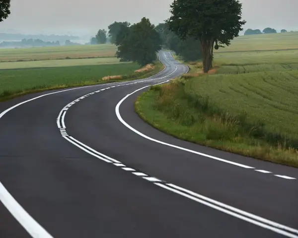 Zakręt drogi z podwójną ciągłą linią, otoczony polami i drzewami. Kierowca rozważa wyprzedzanie na podwójnej ciągłej.