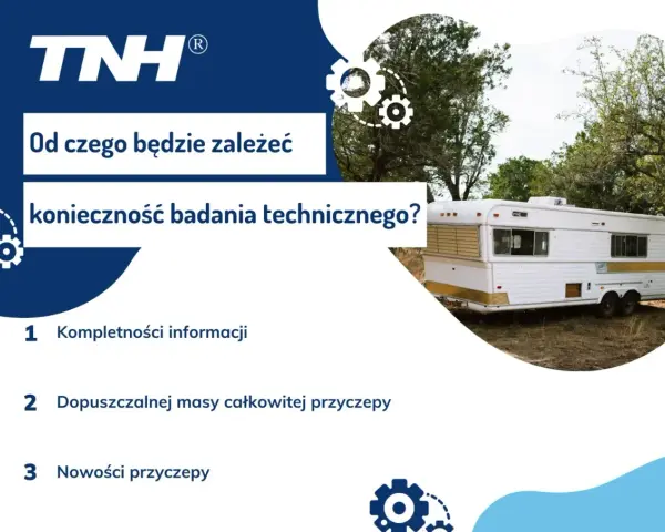 Biała przyczepa kempingowa na tle drzew, z elementami graficznymi i tekstem.