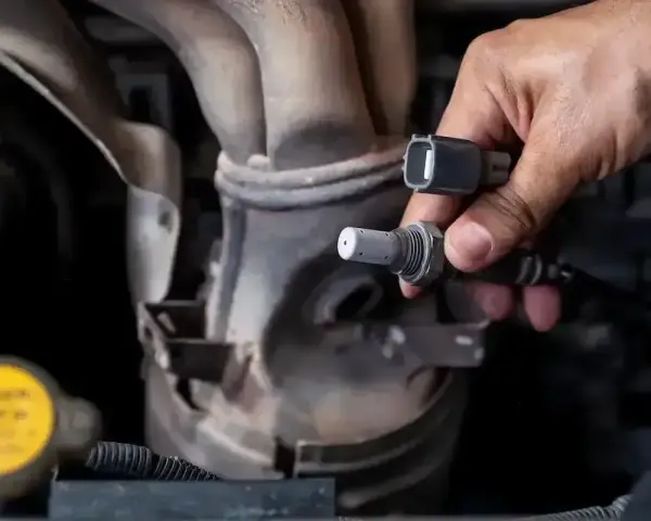 Dłoń trzyma czujnik tlenu, potencjalna przyczyna błędu DTC P0420 w Volkswagenie.