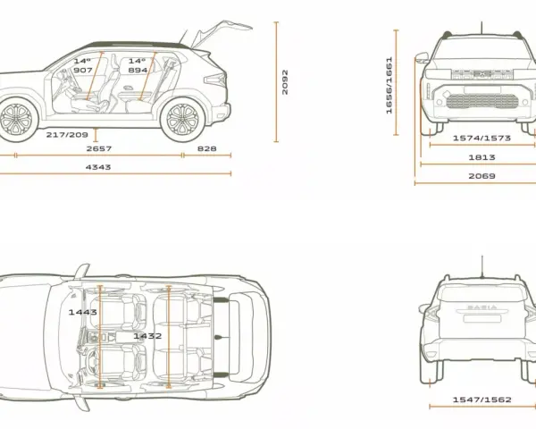 Schemat Dacia Duster z wymiarami: widok z boku, z góry i z tyłu. Pokazuje długość, szerokość i wysokość pojazdu.