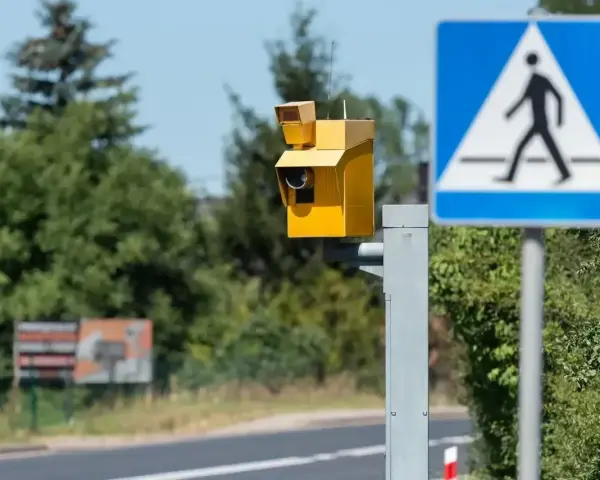 Żółty fotoradar i znak przejścia dla pieszych. Uważaj na przekroczenie prędkości o 30 w terenie zabudowanym, bo możesz dostać mandat.