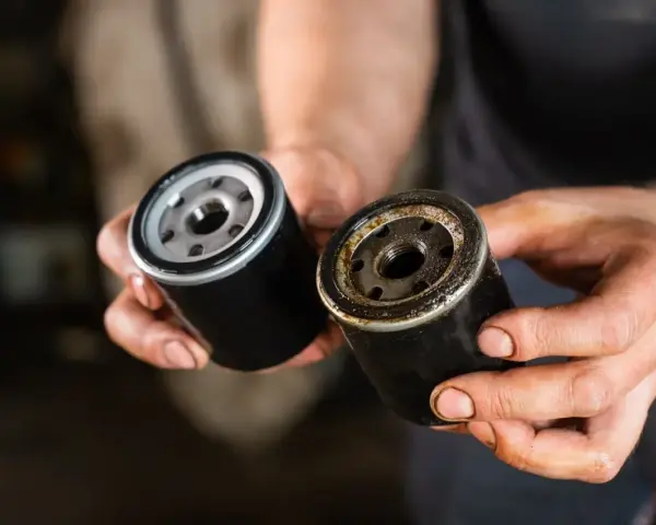 Nowy i zużyty filtr oleju w dłoniach mechanika. Wymiana filtra oleju to kluczowy element dbania o silnik.