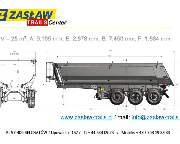 Rysunek techniczny naczepy ZASŁAW z wymiarami: V=25m³, A=9105mm, E=2978mm, B=7450mm, F=1584mm.