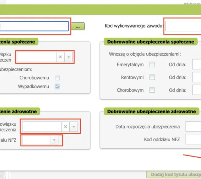 Formularz ubezpieczeniowy, pole "Kod tytułu ubezpieczenia" puste, sugeruje błąd DTC U0140 Opel.
