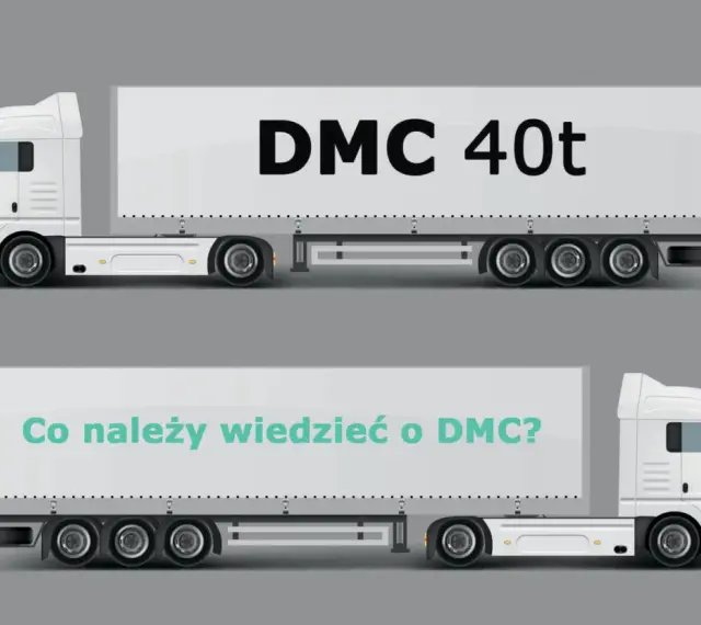 Dwa białe samochody ciężarowe. Górny ma napis "DMC 40t", dolny "Co należy wiedzieć o DMC?".