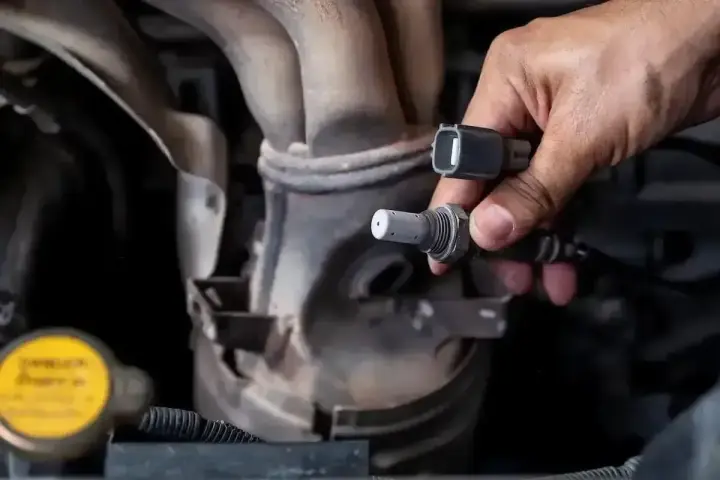 Dłoń trzyma czujnik tlenu, potencjalna przyczyna błędu DTC P0420 w Volkswagenie.