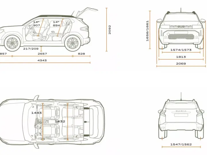 Schemat Dacia Duster z wymiarami: widok z boku, z góry i z tyłu. Pokazuje długość, szerokość i wysokość pojazdu.