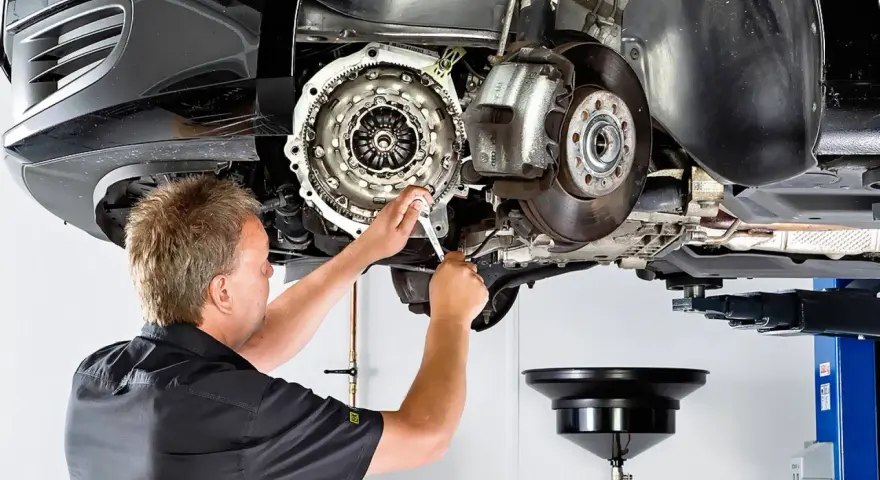 Mechanik pracuje przy skrzyni biegów, gdzie widoczny jest element dwumasy.