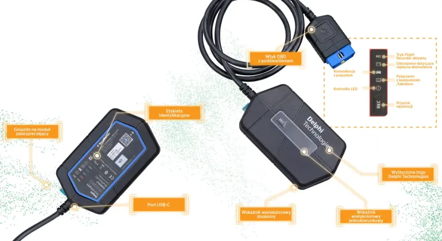 Urządzenie diagnostyczne Delphi Technologies z wtykiem OBD, portem USB-C i wskaźnikami LED.