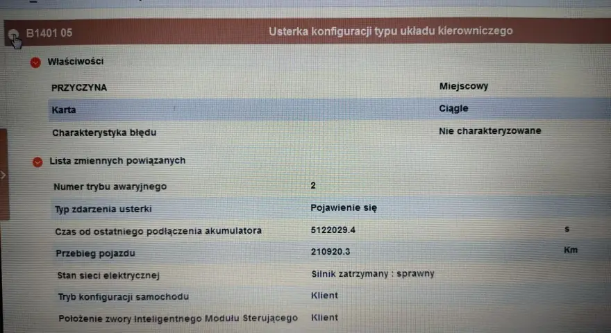 Błąd DTC B1401 w Renault: Usterka konfiguracji układu kierowniczego, ciągła, silnik zatrzymany.
