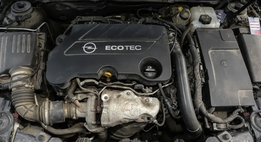 Silnik Opel Ecotec. Widoczne elementy układu dolotowego i turbosprężarki. Objawy uszkodzenia poduszki silnika mogą być różne, np. wibracje.