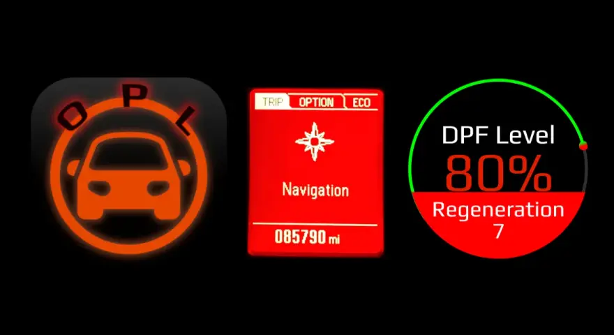 Kontrolki Opla: kontrolka silnika, nawigacja, przebieg 85790 mil, DPF Level 80%, Regeneration 7. Pomoc z op-com opel po polsku.