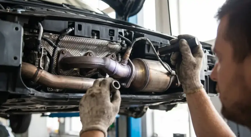 Mechanik sprawdza katalizator Nissana, podejrzewając błąd DTC P0420.