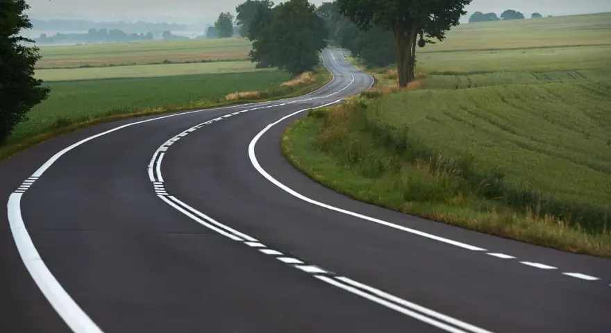 Zakręt drogi z podwójną ciągłą linią, otoczony polami i drzewami. Kierowca rozważa wyprzedzanie na podwójnej ciągłej.