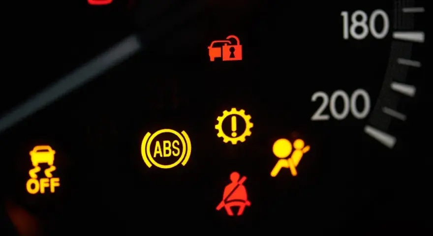 Kontrolka samochód z kluczykiem Opel oznacza problem z immobilizerem lub kluczykiem. Na desce rozdzielczej świecą się też kontrolki ABS, poduszki powietrznej i pasów.