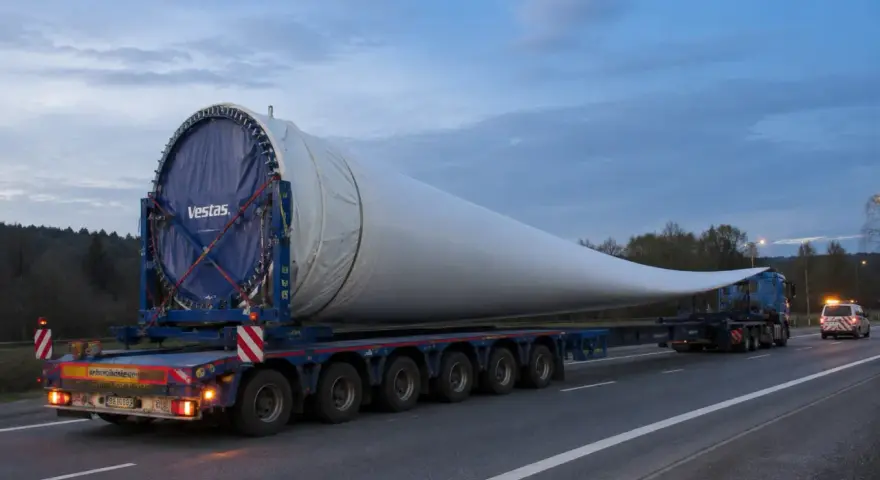 Ogromne łopaty wiatraka Vestas na specjalistycznej platformie. To skomplikowane zlecenie transportowe na drodze o zmierzchu.