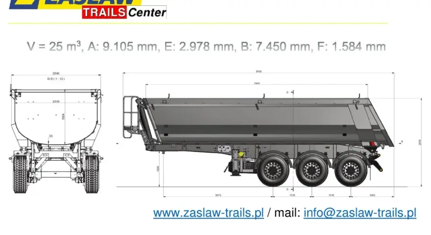 Rysunek techniczny naczepy ZASŁAW z wymiarami: V=25m³, A=9105mm, E=2978mm, B=7450mm, F=1584mm.