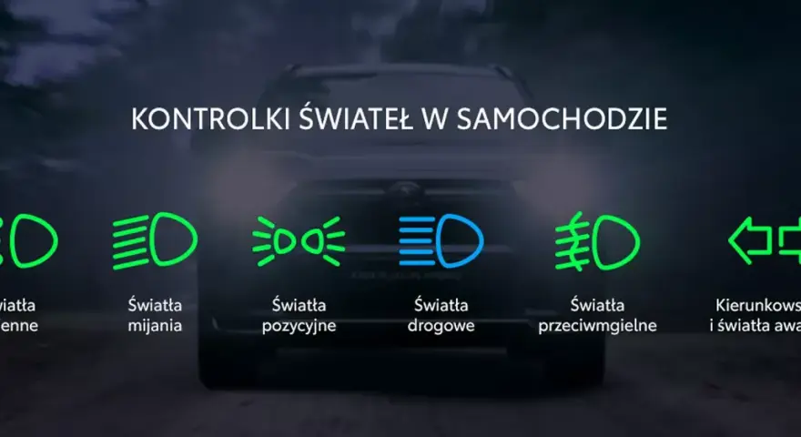 Ikony kontrolek świateł w samochodzie: dzienne, mijania, pozycyjne, drogowe, przeciwmgielne, kierunkowskazy i awaryjne.