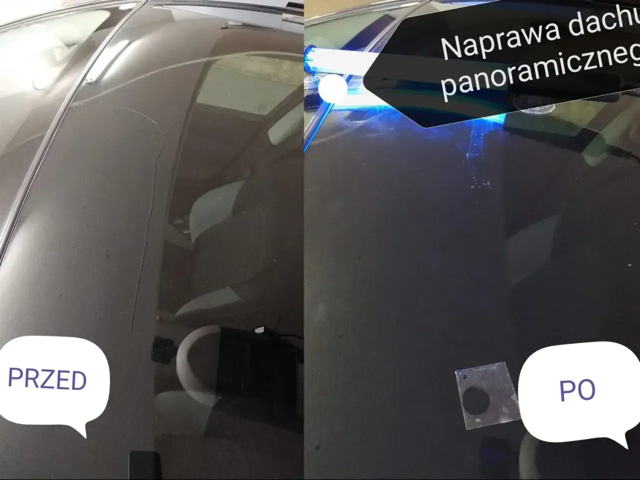 Naprawa odprysku na szybie panoramicznej. Po lewej widoczny uszkodzony element, po prawej efekt naprawy.