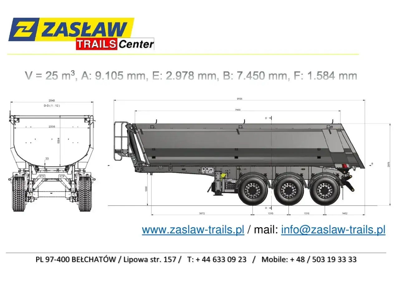 Rysunki techniczne naczepy ZASŁAW z podanymi wymiarami: V=25m³, A=9105mm, E=2978mm, B=7450mm, F=1584mm.