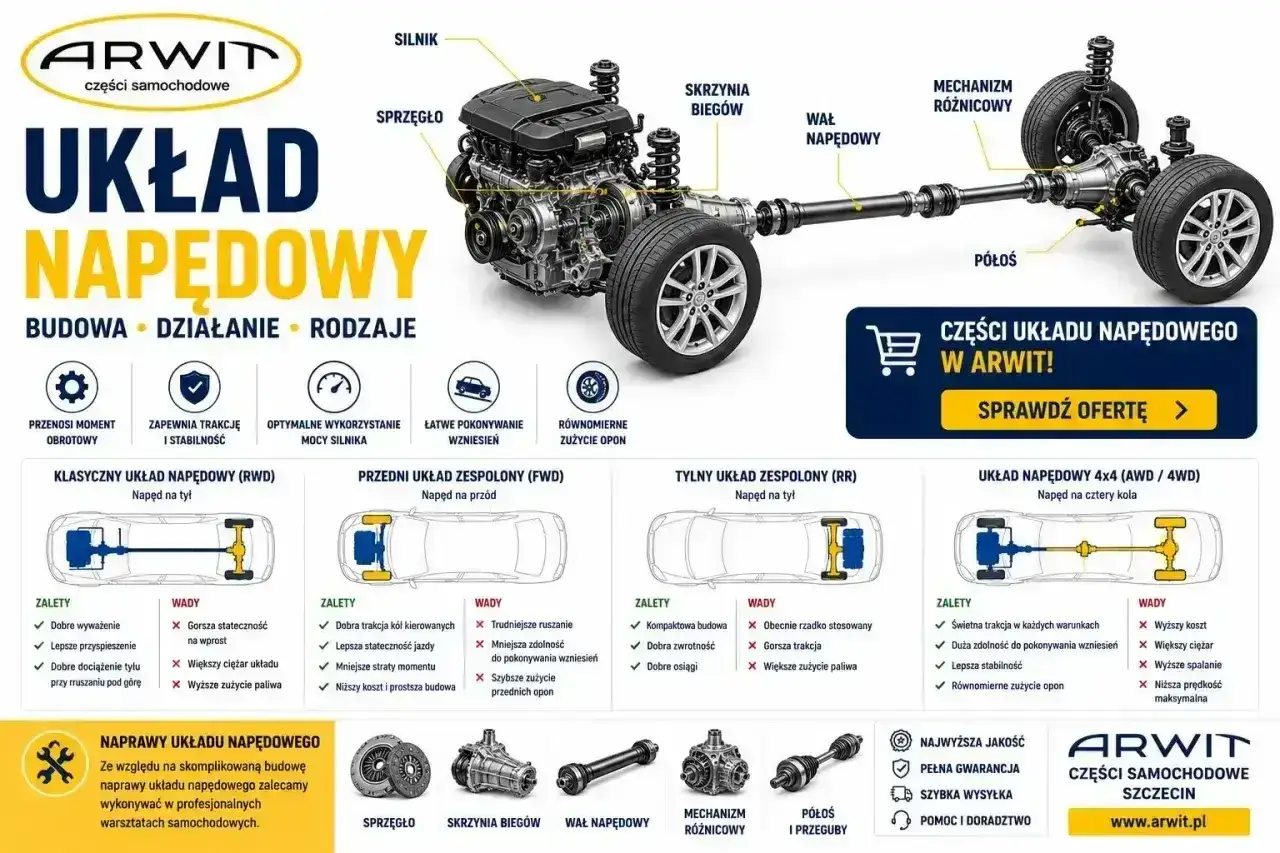 Schemat układu napędowego samochodu: silnik, sprzęgło, skrzynia biegów, wał napędowy, mechanizm różnicowy, półosie. Widać różne rodzaje napędów: RWD, FWD, RR, 4x4.