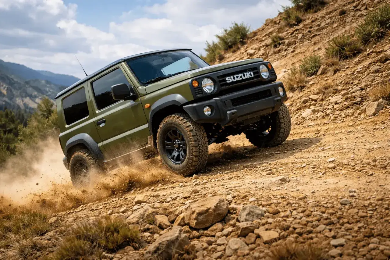 Zielony Suzuki Jimny pokonuje kamienisty teren, wzbijając tumany kurzu. Sprawdź, jaka jest jego suzuki jimny cena i możliwości terenowe!