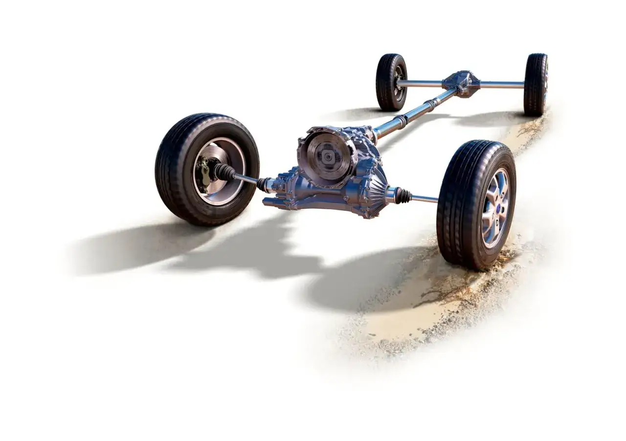 Układ napędowy ford 4x4 z kołami i mechanizmem różnicowym, gotowy na terenowe wyzwania.