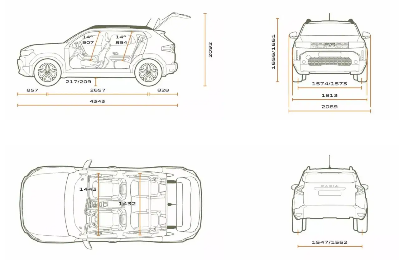 Schemat Renault Duster z wymiarami: widok z boku, przodu, tyłu i z góry. Pokazuje długość, szerokość i wysokość pojazdu.