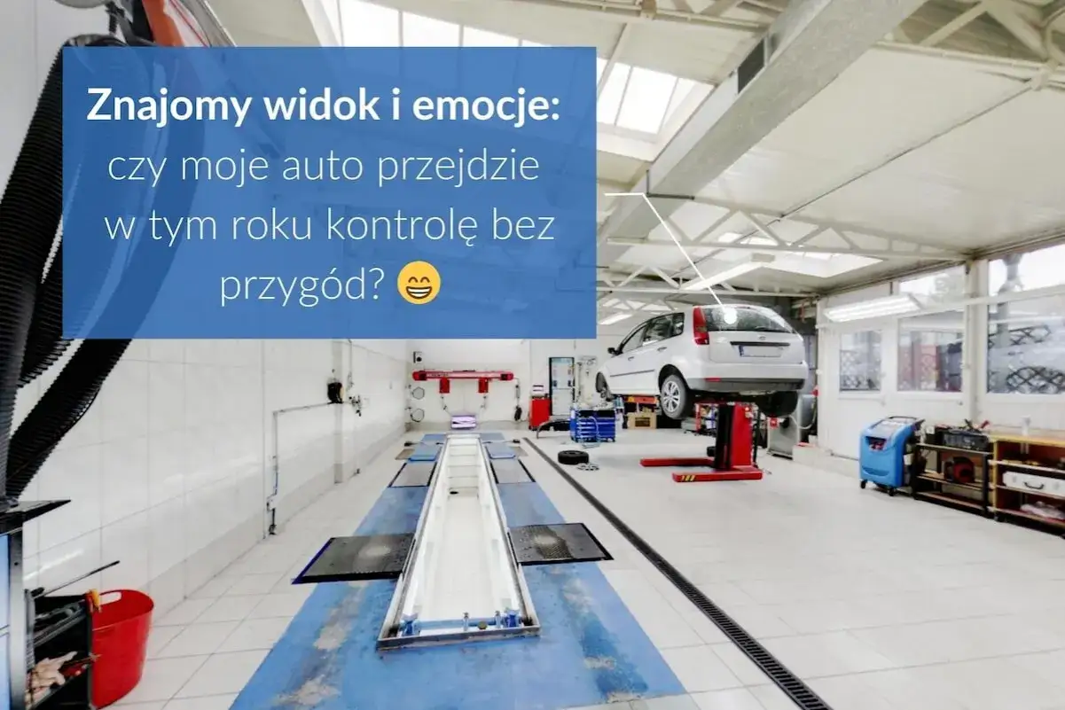 Warsztat samochodowy z podnośnikiem i autem. Czas na przegląd techniczny samochodu, co sprawdzają?