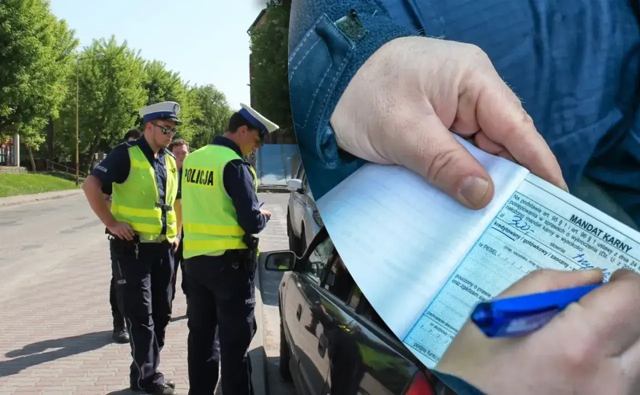 Policjanci wypisują mandat karny za brak pasów. Ręka z długopisem wypełnia formularz mandatu.