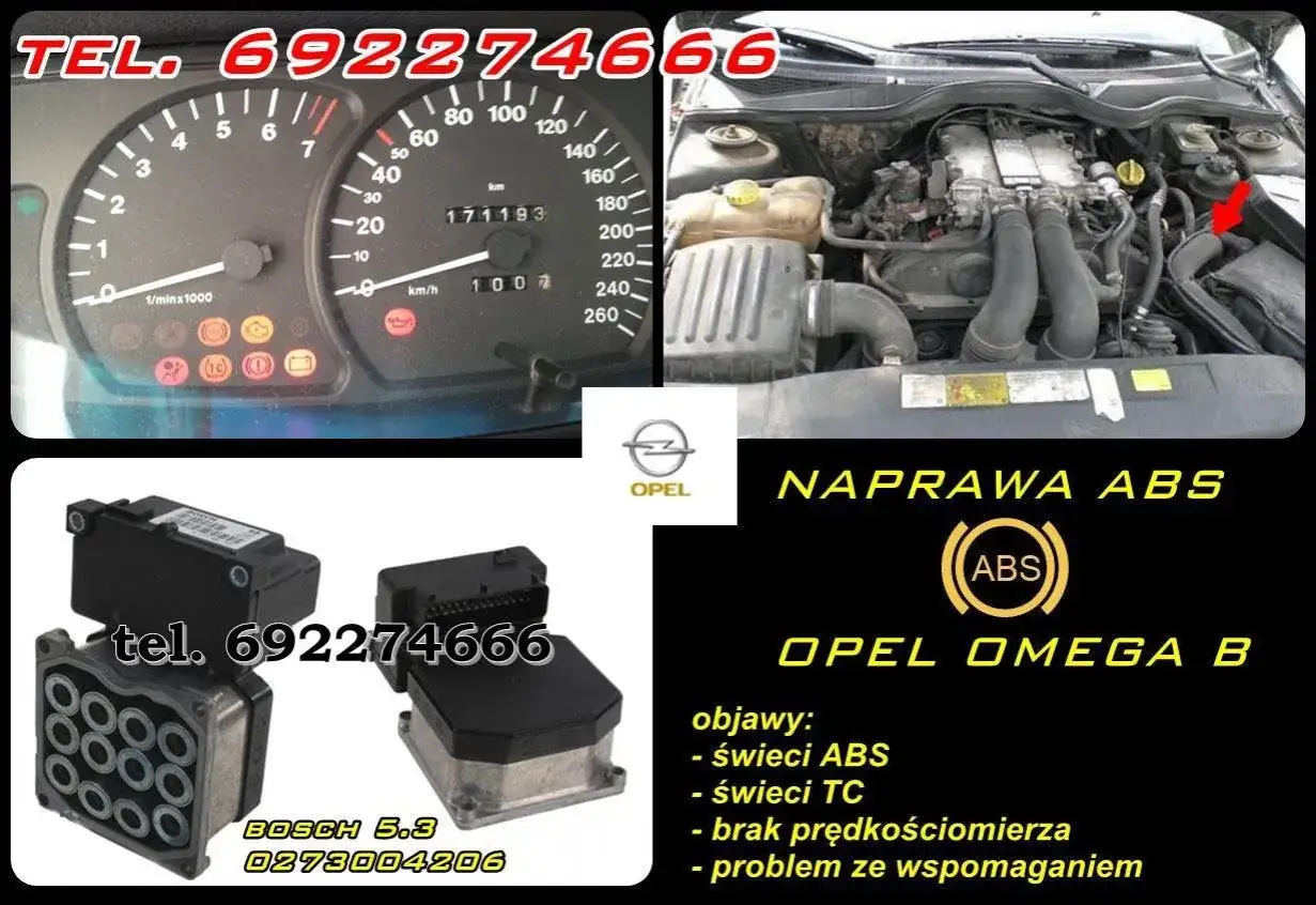 Opel Omega B z błędem DTC U0415. Naprawa ABS, świecące kontrolki ABS i TC, brak prędkościomierza. Tel. 692274666.
